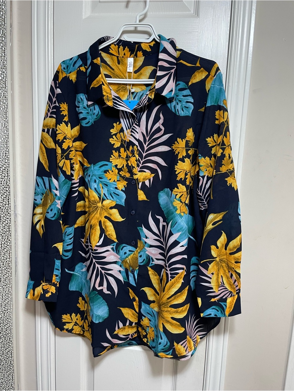 NWT Button-Down Shirt with Yellow, Teal & Pink Leaf Print